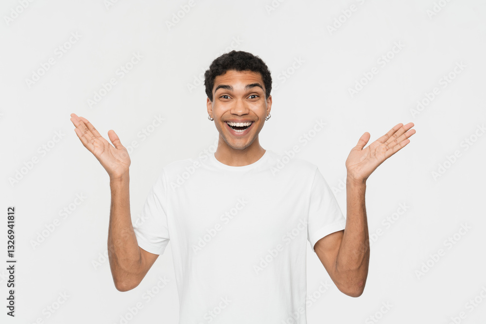 Excited overenjoyed African American young girl woman female student winner with black afro hair in casual wear express positive emotional great news standing isolated over white background. Excited overenjoyed African American young girl woman female student winner with black afro hair in casual wear express positive emotional great news standing isolated over white background.
