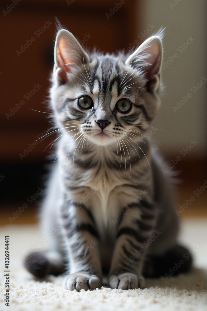 Tiny grey metis kitty looking directly at camera while sitting on carpet, feline, adorable, gray