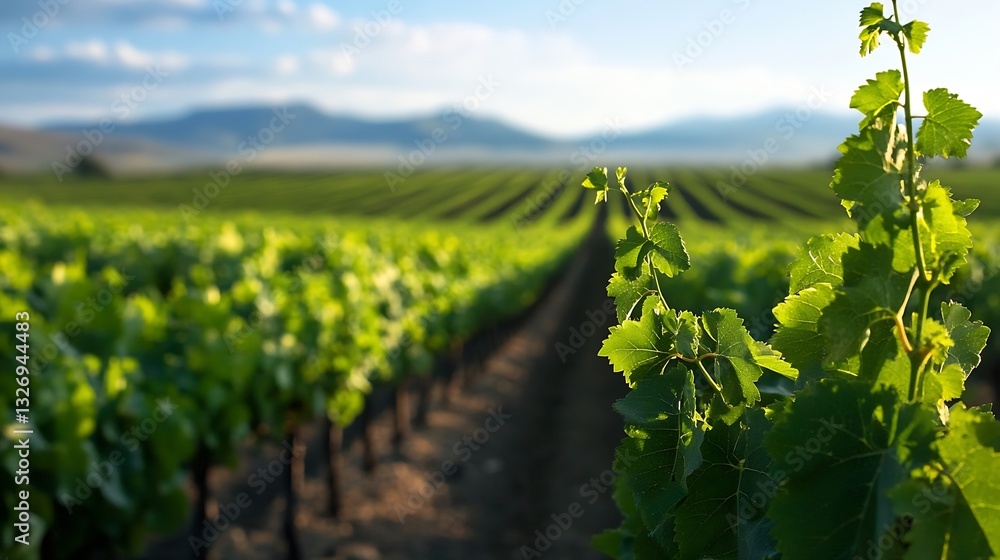 Lush green vineyard under sunny sky with rows of grapevines leading to distant mountains : Generative AI Lush green vineyard under sunny sky with rows of grapevines leading to distant mountains : Generative AI