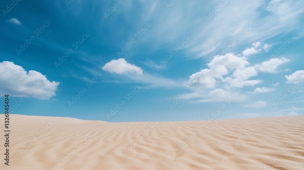 Naklejka premium Endless sandy desert landscape with blue sky and soft clouds above : Generative AI