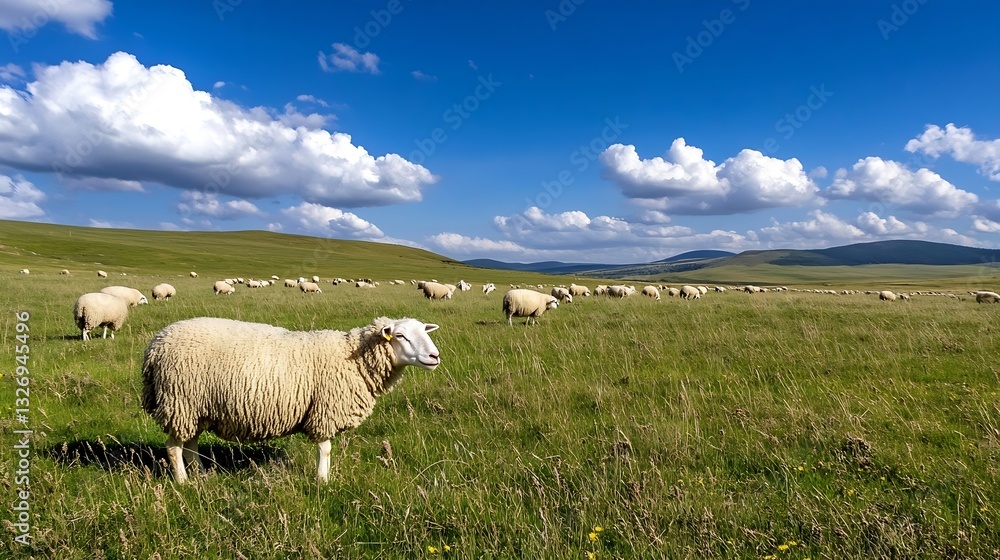 Fototapeta premium A flock of sheep grazes in a green valley under a bright blue sky with fluffy white clouds : Generative AI