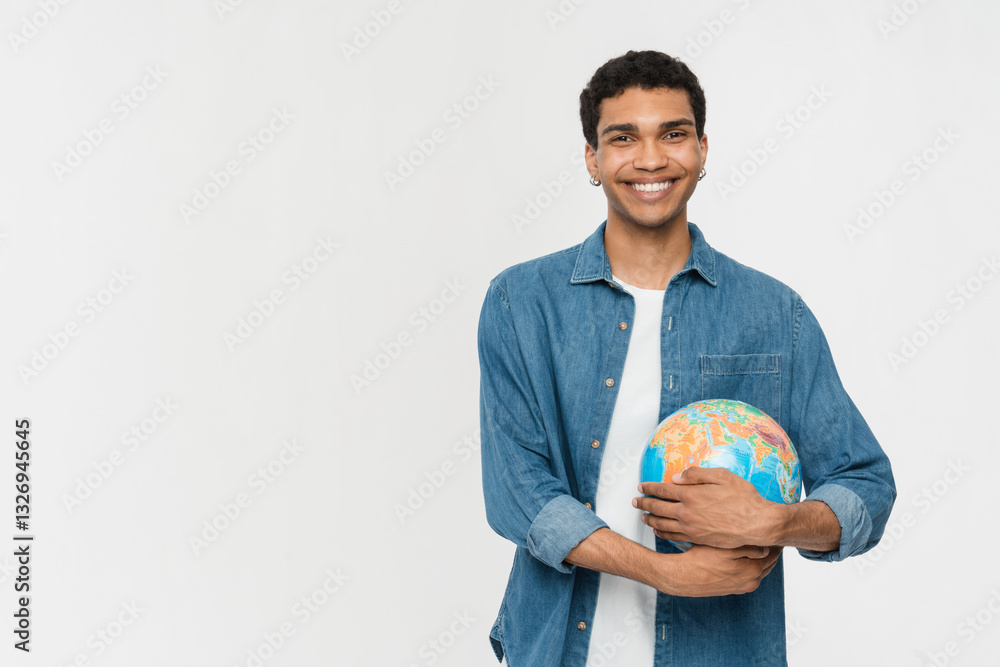 Happy cheerful african-american young man guy traveler hugging holding embracing Earth globe looking at camera isolated in white background copy space Happy cheerful african-american young man guy traveler hugging holding embracing Earth globe looking at camera isolated in white background copy space