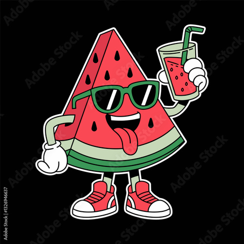 Cool Watermelon Character with Sunglasses and Juice