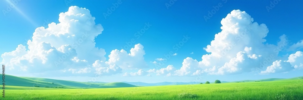 Vibrant blue sky with fluffy white clouds over a tranquil landscape, sky, peaceful, backdrop Vibrant blue sky with fluffy white clouds over a tranquil landscape, sky, peaceful, backdrop