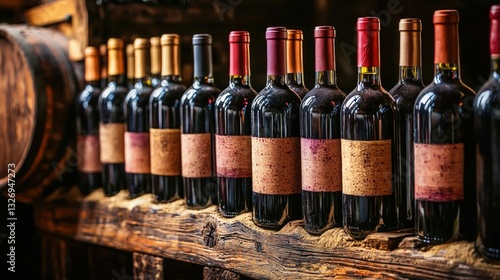 Collection of wine bottles displayed on a rustic wooden shelf showcasing the wine aging process with ample space