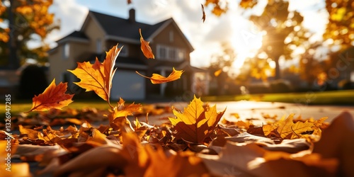 Fototapeta Naklejka Na Ścianę i Meble -  Vibrant Orange and Yellow Autumn Leaves Dancing Against a Blurred Background of a Cozy House During a Sunny Fall Day Generative AI