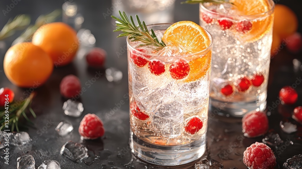 Artisanal cocktail with ice and fresh orange slices served in a stylish glass for an inviting drink experience Artisanal cocktail with ice and fresh orange slices served in a stylish glass for an inviting drink experience
