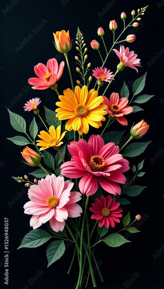 Vibrant floral explosion on black background with assorted colorful blooms and greenery, bold, botanical Vibrant floral explosion on black background with assorted colorful blooms and greenery, bold, botanical