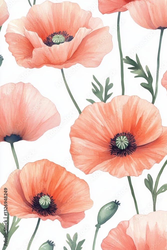 Fototapeta premium Watercolor Poppies in Delicate Coral Hues Capturing the Essence of Spring with Soft Petals and Artistic Brushstrokes