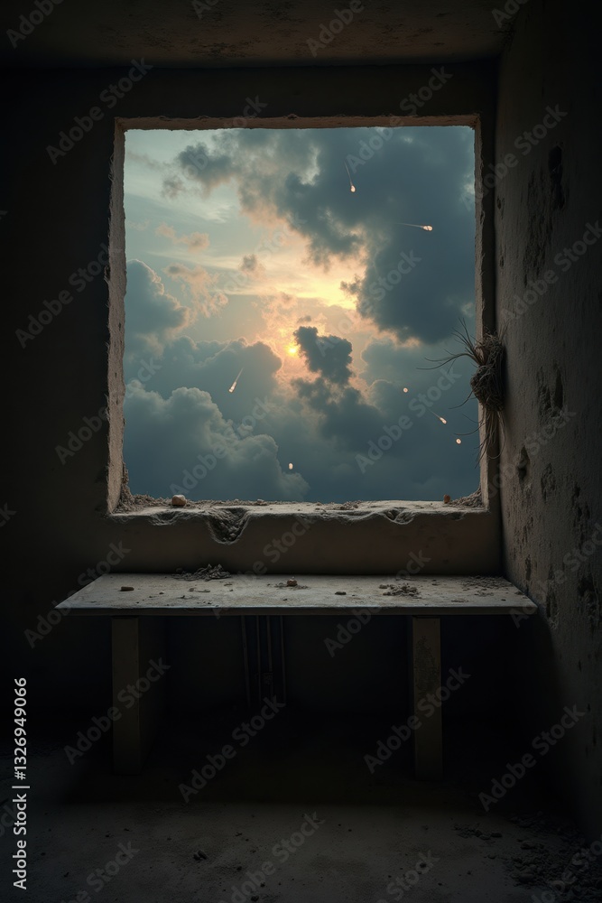 Fototapeta premium A silent, empty bunker with cobwebs on the ceiling and a dusty table. Above, a fiery sky with white rockets soaring and black smoke clouds swirling around