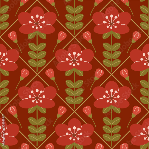  seamless pattern with a red flower and a bud next on a burgundy background.