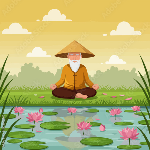 Man Meditating by Lily Pond in Nature's Tranquil Setting