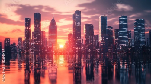 Sunset Cityscape: Modern Metropolis Reflecting in Calm Waters