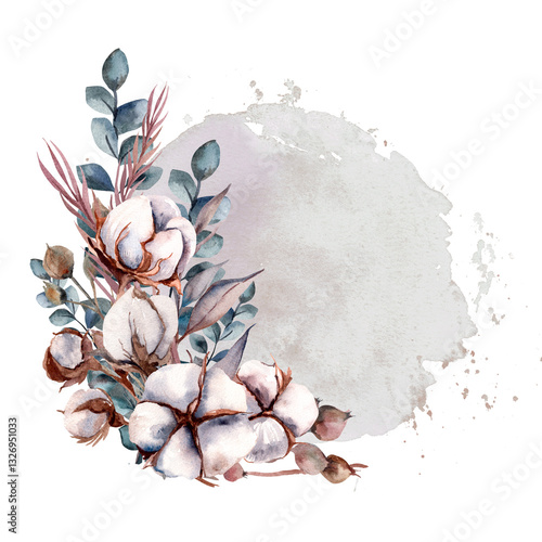 cotton flowers, lavender and dried flowers. Watercolor illustration on white background. Splashes on gray background