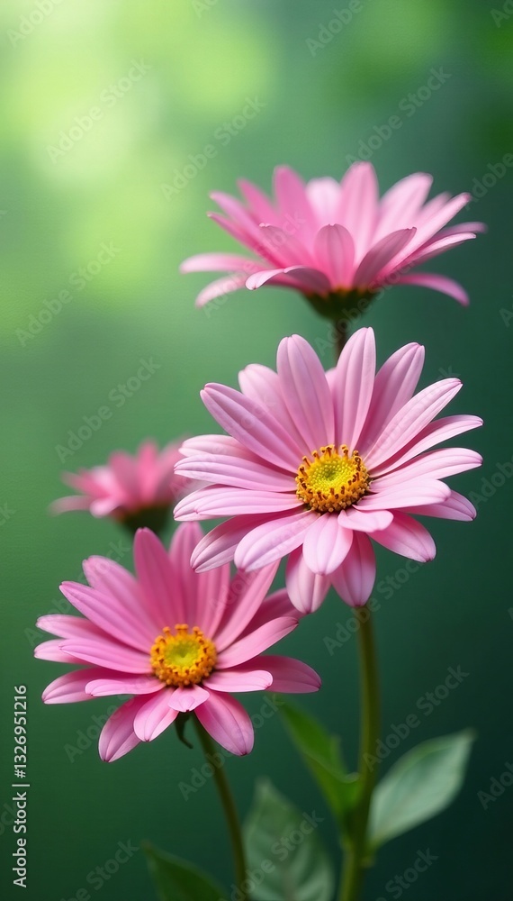 Obraz premium Vibrant pink daisy flowers blooming against a soft green background, spring, blooming, floral