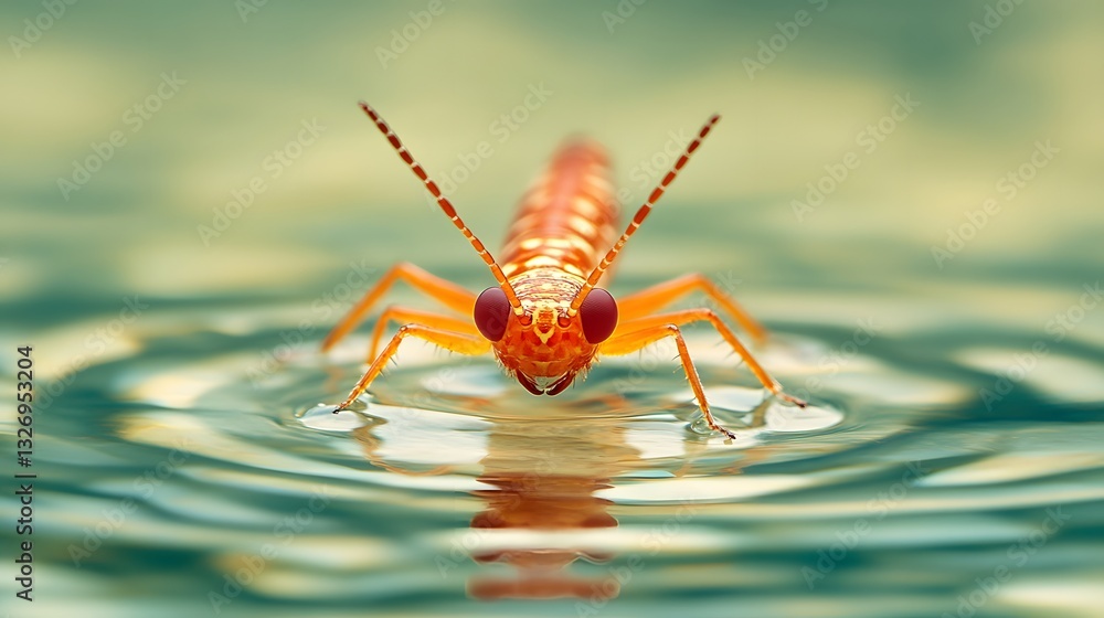 Fototapeta premium Close-up of Vibrant Insect Swimming on Calm Water Surface