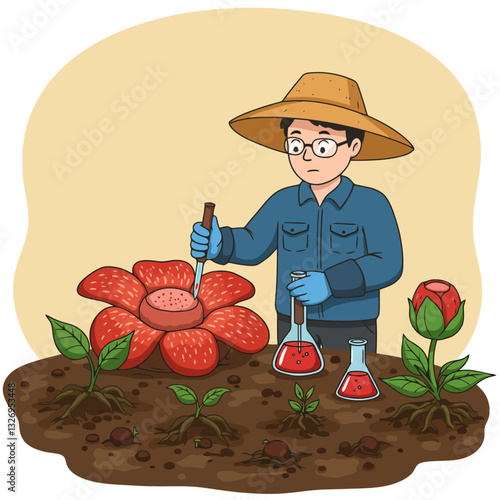Researcher Examining Large Flower and Seedlings with Liquid Samples in Lab