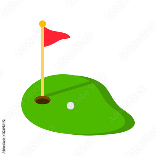 Golf course green with ball and red flag logo icon isolated on white background. Vector illustration