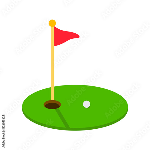 Golf course green with ball and red flag logo icon isolated on white background. Vector illustration