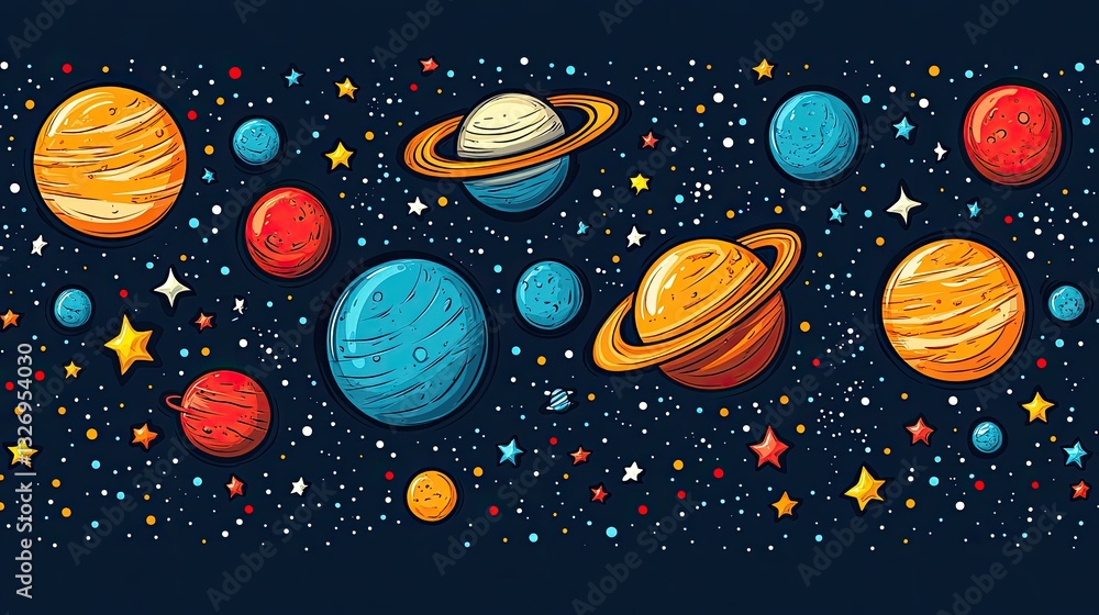 Fototapeta premium Colorful planets, stars, space, seamless pattern, cosmic background, kids' illustration