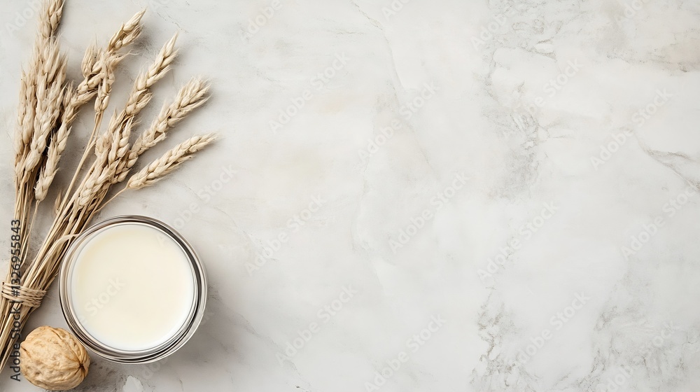 Natural ingredients including milk and wheat surrounded by decorative wheat stems on a marble surface : Generative AI Natural ingredients including milk and wheat surrounded by decorative wheat stems on a marble surface : Generative AI