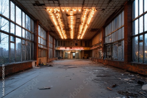 Wallpaper Mural An eerie photograph showcasing an abandoned interior with broken lighting and scattered debris, evoking a sense of nostalgia and mystery within a forgotten space. Torontodigital.ca