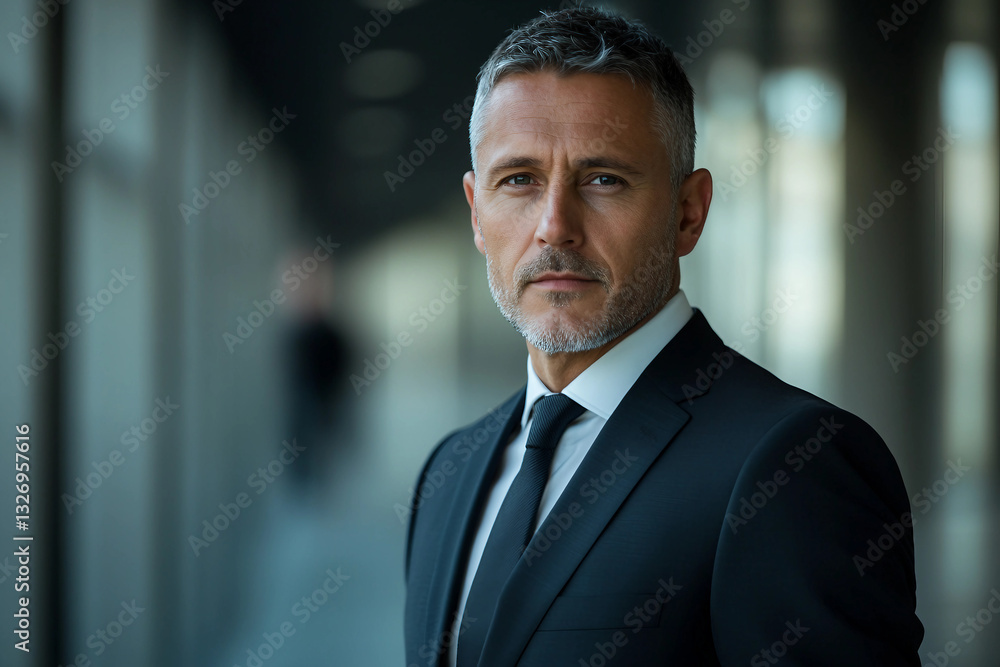 Generative AI portrait of a confident businessman in a suit with a serious expression, leadership and authority Generative AI portrait of a confident businessman in a suit with a serious expression, leadership and authority