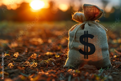Dollar money bag on farm field lending and subsidizing farmers grants financial