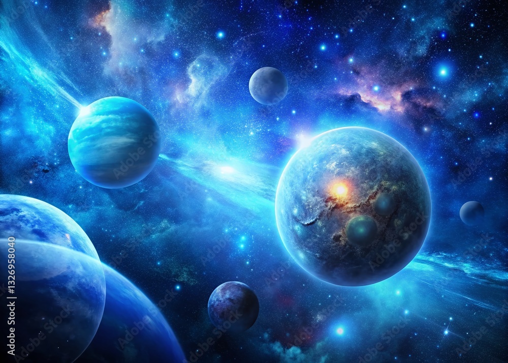 Glowing Blue Nebula Planet with Orbiting Moons - Sci-Fi Stock Photo Glowing Blue Nebula Planet with Orbiting Moons - Sci-Fi Stock Photo