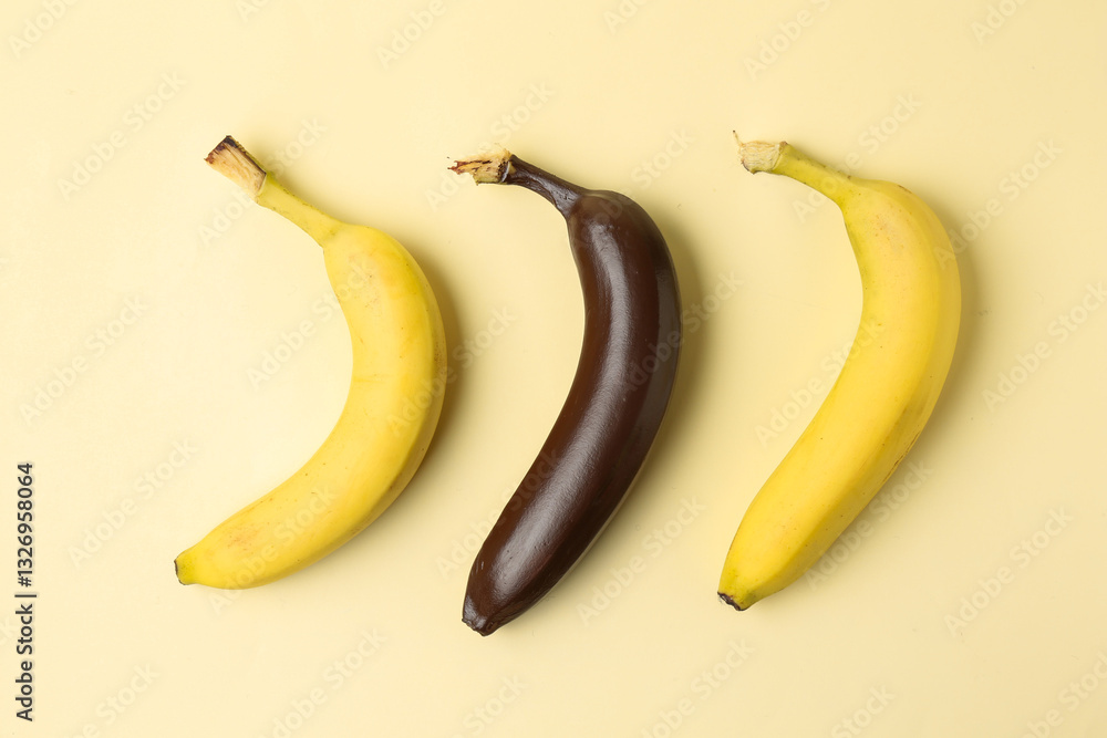 Stop racism. One dark banana among yellow ones on beige background, flat lay Stop racism. One dark banana among yellow ones on beige background, flat lay