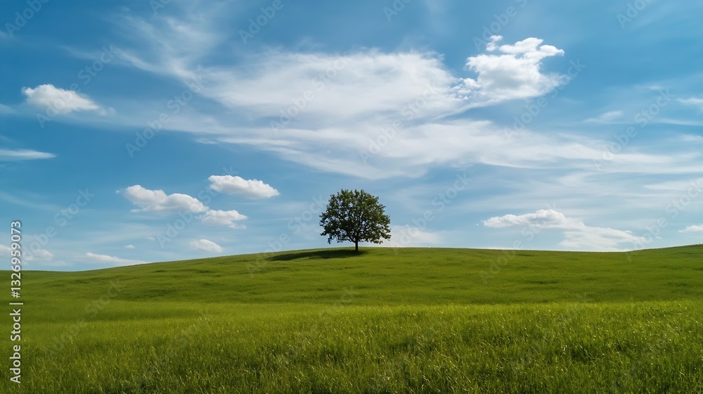 Fototapeta premium Lone Tree on Rolling Green Hills Under a Vibrant Blue Sky with Fluffy Clouds : Generative AI
