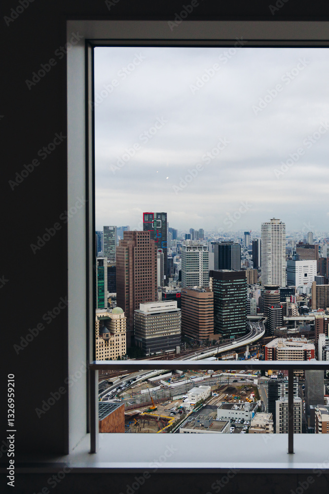 Fototapeta premium Osaka panorama, aerial cityscape with Yodo Seta River embankment and skyscrapers, Osaka prefecture, Japan, Umeda business district, streets of Osaka downtown center, seen from observation deck
