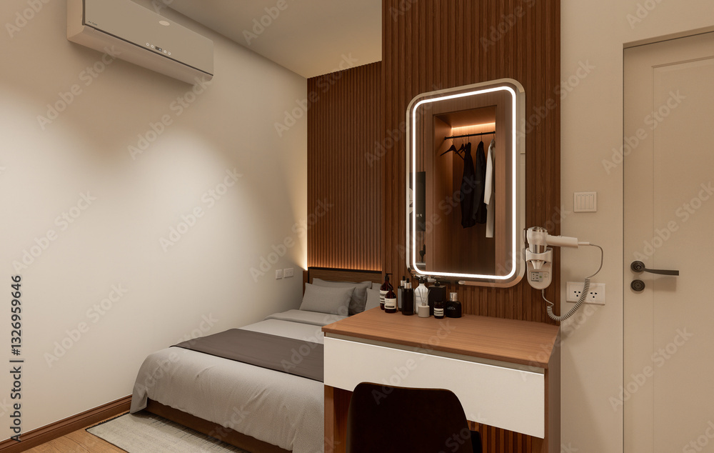 Fototapeta premium Interior of modern bedroom with beige and wooden walls, wooden floor 