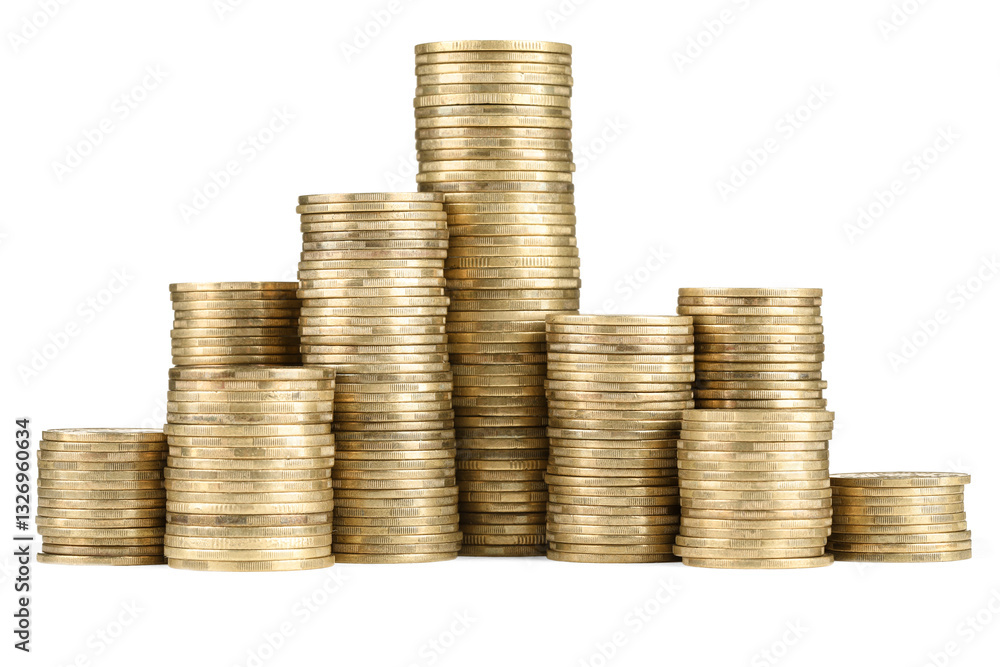 Stacks of golden coins isolated on white Stacks of golden coins isolated on white