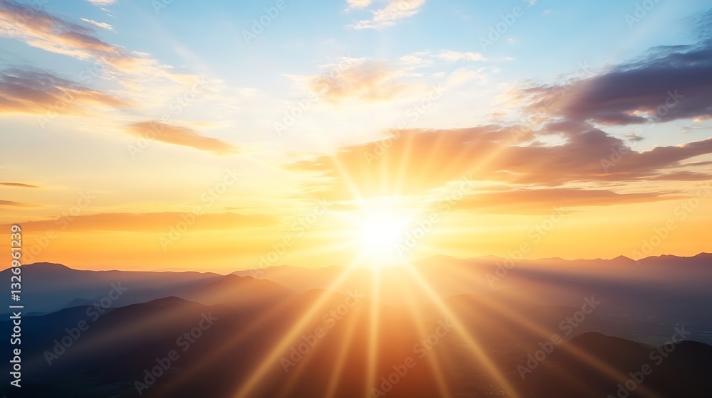 Fototapeta premium Stunning sunrise over mountain range with sun rays shining through clouds : Generative AI
