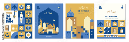 a set of banners, posters, greeting cards and ramadan kareem covers blue color with islamic elements, moon, mosque and islamic icons