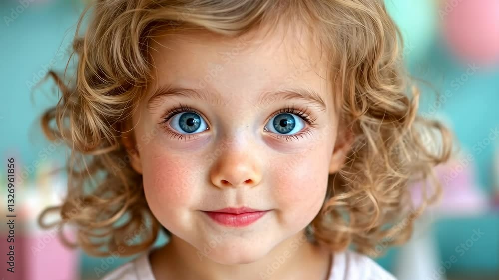 Curious young caucasian child with big blue eyes in playful pastel environment Curious young caucasian child with big blue eyes in playful pastel environment