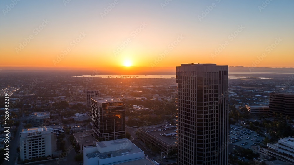 Fototapeta premium Breathtaking sunset view over urban skyline at dusk with vibrant colors and city lights : Generative AI