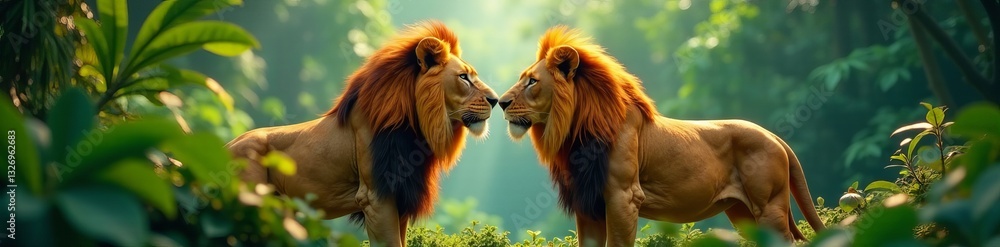 Fototapeta premium Vibrant lion duo in lush tropical jungle setting, nature, African, exotic