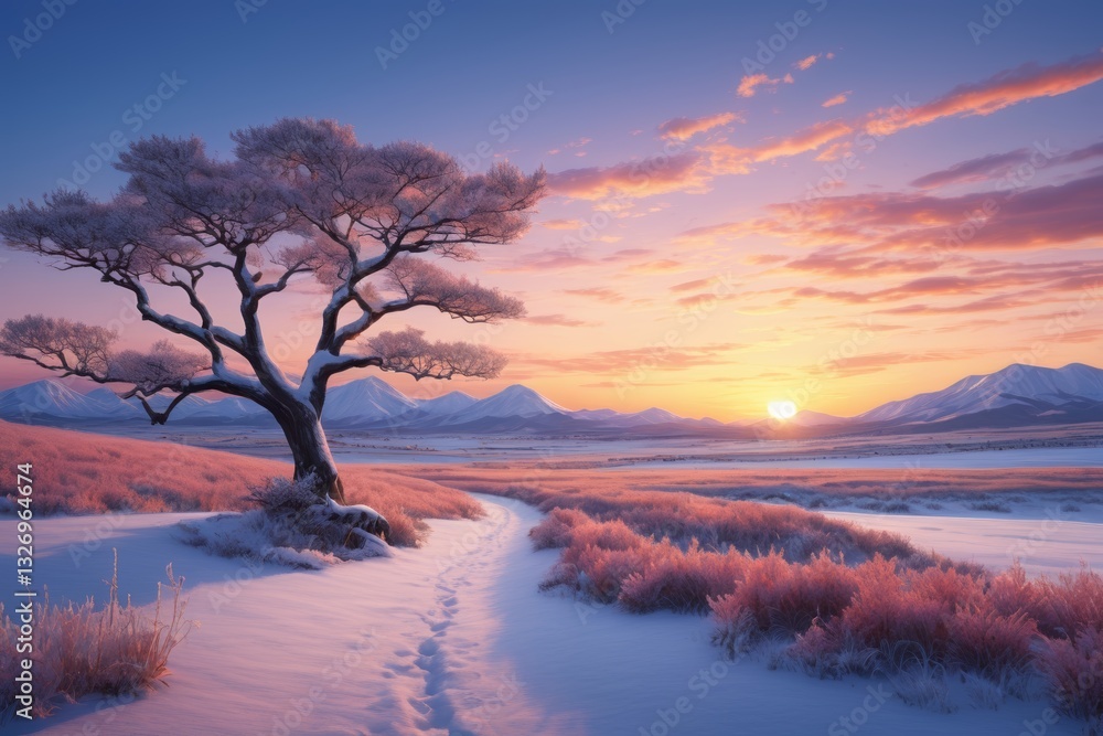 snowy landscape with a lone tree and a path leading to a mountain snowy landscape with a lone tree and a path leading to a mountain