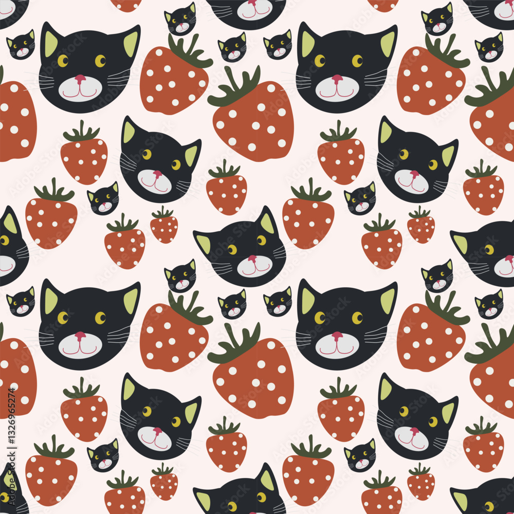 Cat with fruits vector ilustration seamless patern.Great for textile,fabric,wrapping paper,and any print.Eps 10. Cat with fruits vector ilustration seamless patern.Great for textile,fabric,wrapping paper,and any print.Eps 10.
