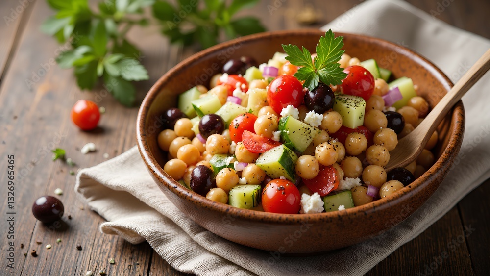 A colorful chickpea salad with tomatoes, cucumbers, and herbs presented in a rustic bowl on a wooden surface. A colorful chickpea salad with tomatoes, cucumbers, and herbs presented in a rustic bowl on a wooden surface.