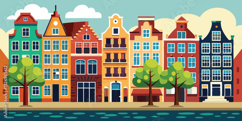 Old colorful buildings, vector flat isolated illustration. European traditional house facade. City architecture elements