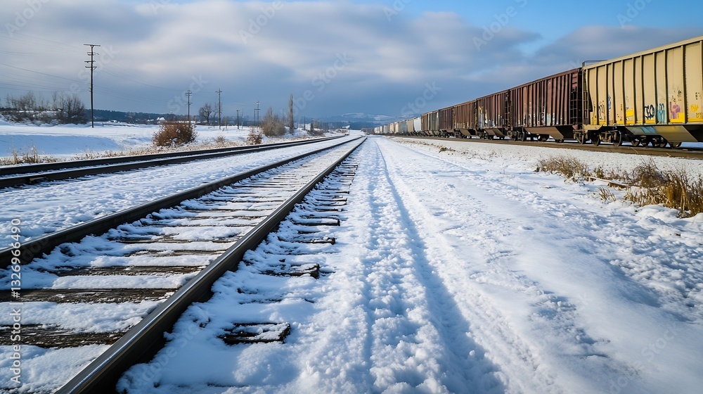 Fototapeta premium SnowCovered Train Tracks Leading to a Winter Landscape : Generative AI