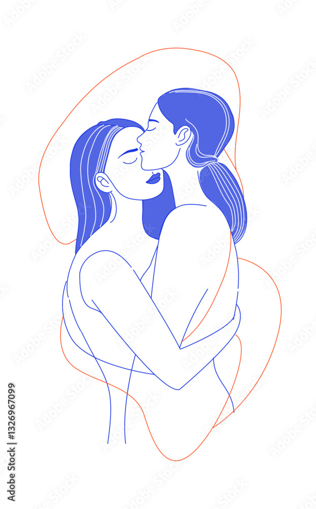Minimalist Line Art of a Lesbian Couple Sharing a Gentle Kiss LGBTQ Love. Romantic vector Illustration Elegant Line Drawing of a Female Couple. Abstract Feminine Love, Modern Line Art Minimalist Line Art of a Lesbian Couple Sharing a Gentle Kiss LGBTQ Love. Romantic vector Illustration Elegant Line Drawing of a Female Couple. Abstract Feminine Love, Modern Line Art
