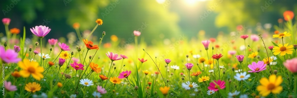 Fototapeta premium Vibrant wildflowers creating a beautiful meadow scene, growth, wild