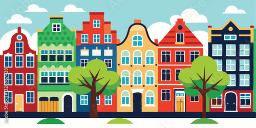 colorful old hand drawn european multistory buildings. Amsterdam Netherlands
