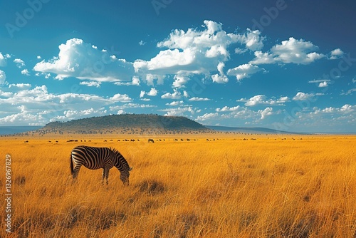 Wide shot of zebras grazing on a field under the blue sky