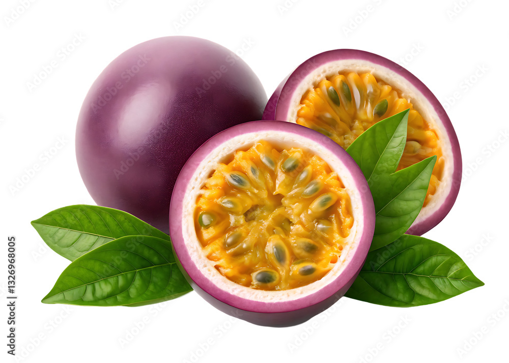 Fresh passion fruit with vibrant pulp and leaves. Fresh passion fruit with vibrant pulp and leaves.