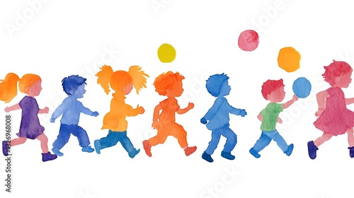 A colorful watercolor illustration of children joyfully running together in a playful scene